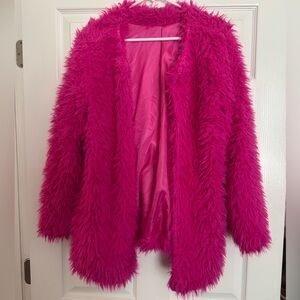 Hot Pink Faux Fur Teddy Coat - Women's Plush Open Front Jacket